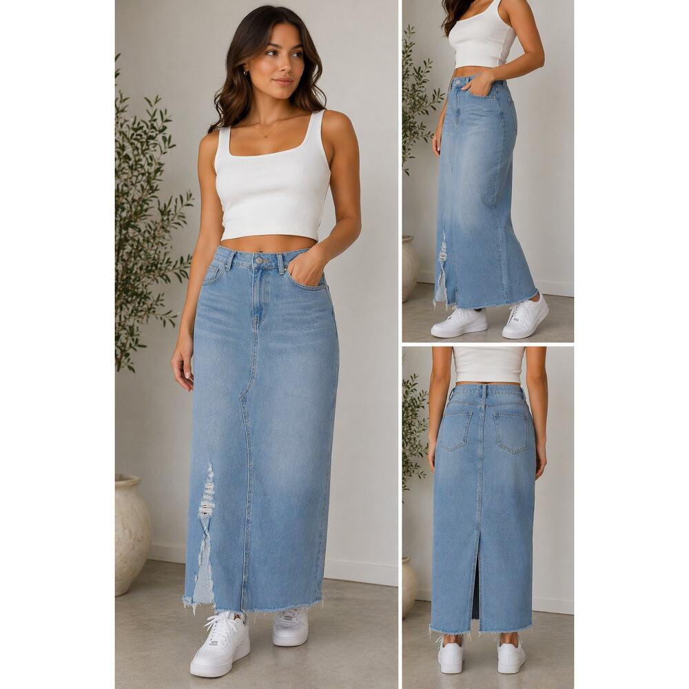 Distressed Light Wash Denim Midi Skirt | Fits Like Large